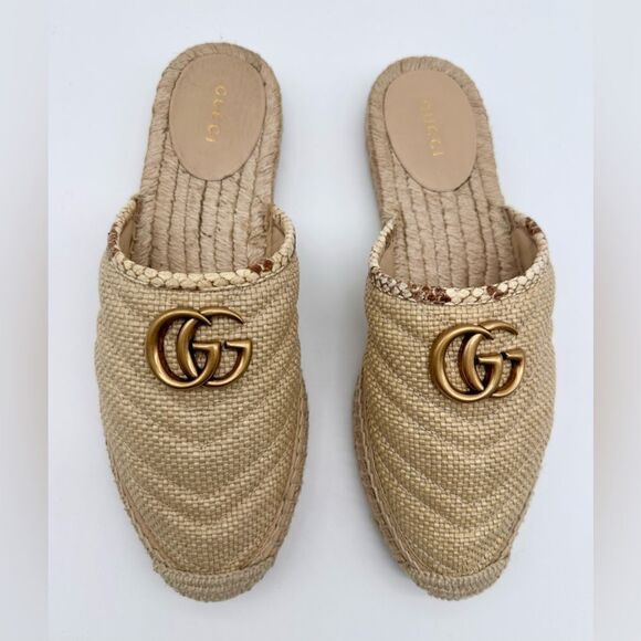 GUCCI GG Marmont Straw Elaphe Matelasse Espadrille Mules Natural Raffia EU 38.5 - Picture 14 of 15